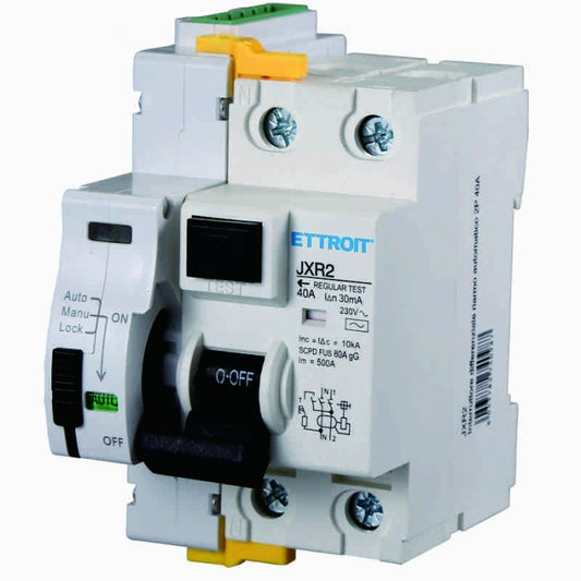 Salvavita a Riarmo Automatico Ettroit - Differenziale 2P 40A 30mA 10kA - 3 Moduli DIN
