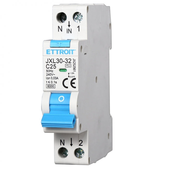 Ettroit interruttore magnetotermico differenziale salvavita 1 modulo 1P+N 25A n 0,03 6000 | jx252561