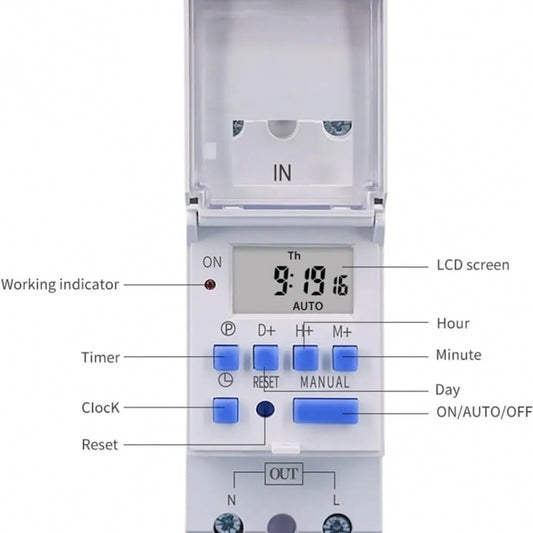 Dettaglio del display LCD del timer Luxtec JX601516 con orario e data