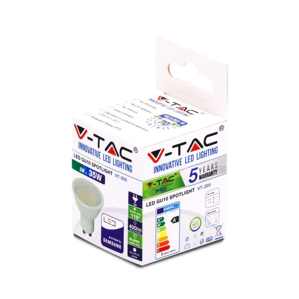 SKU 201 VT-205 V-TAC PRO Faretto LED Chip Samsung GU10 5W 110° Copertura Satinata 3000K