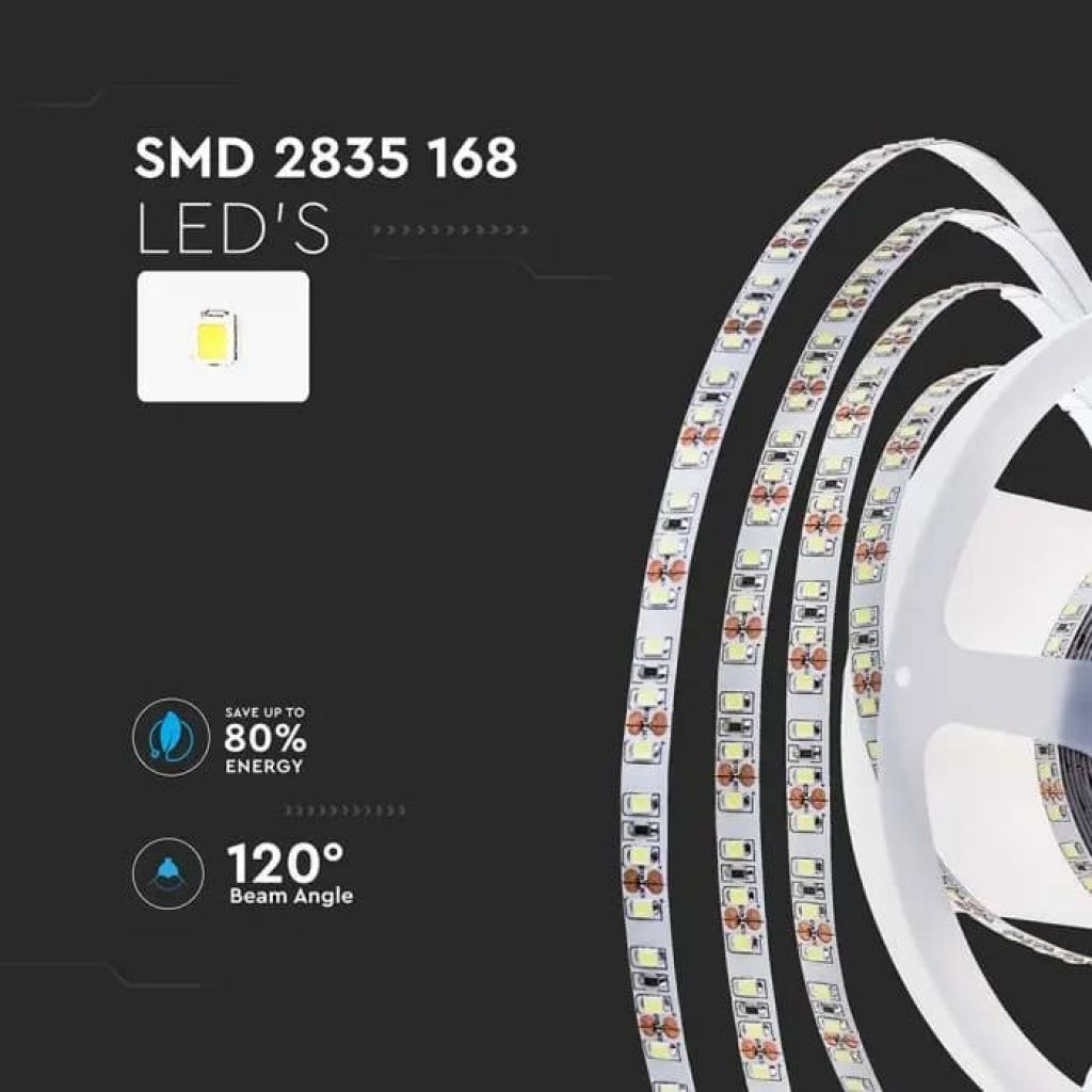 5MT SKU 212596 VT-2835 168 V-TAC Strip LED SMD2835 12W/m 168 LED/m 140LM/W 24V 3000K IP20 10mm
