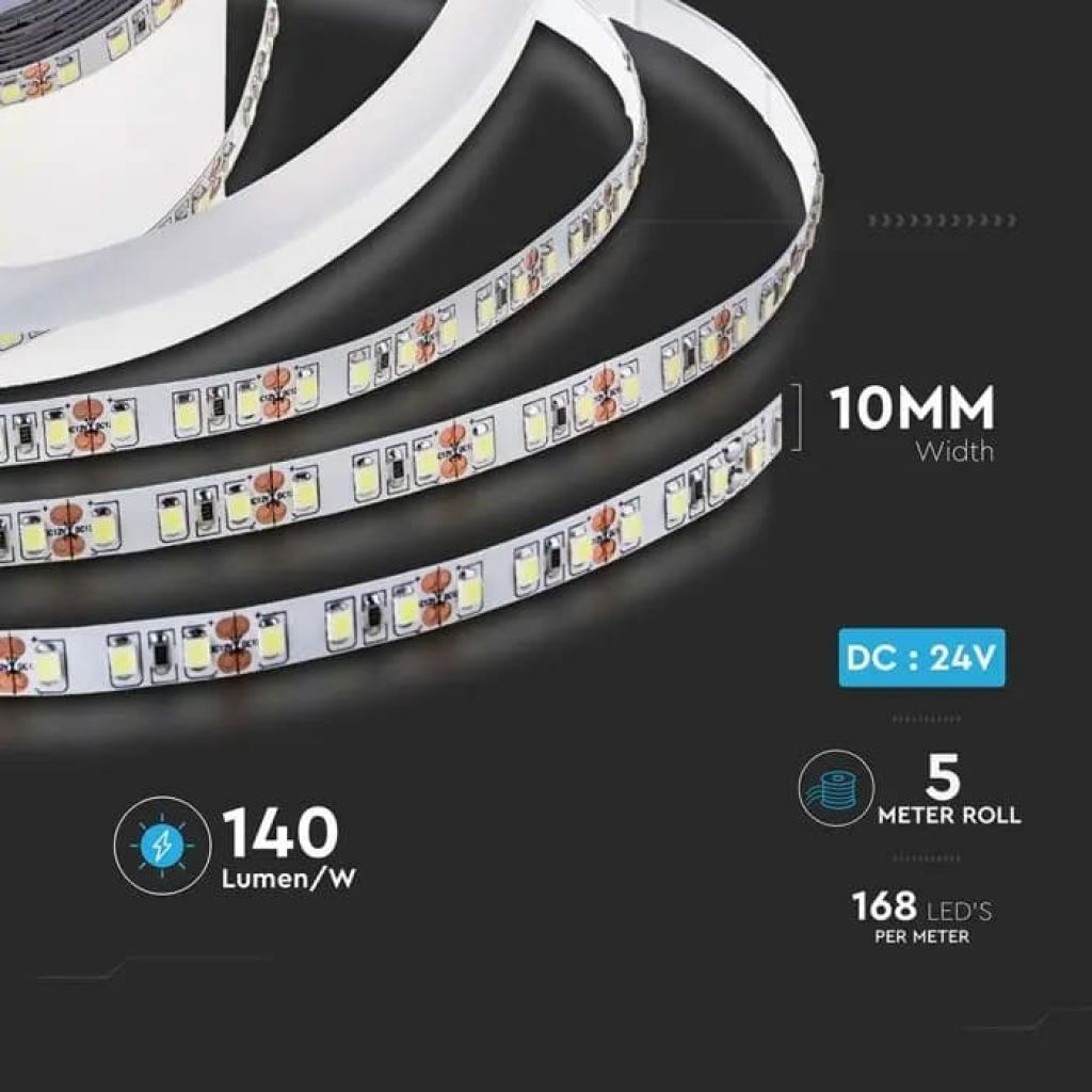 5MT SKU 212596 VT-2835 168 V-TAC Strip LED SMD2835 12W/m 168 LED/m 140LM/W 24V 3000K IP20 10mm