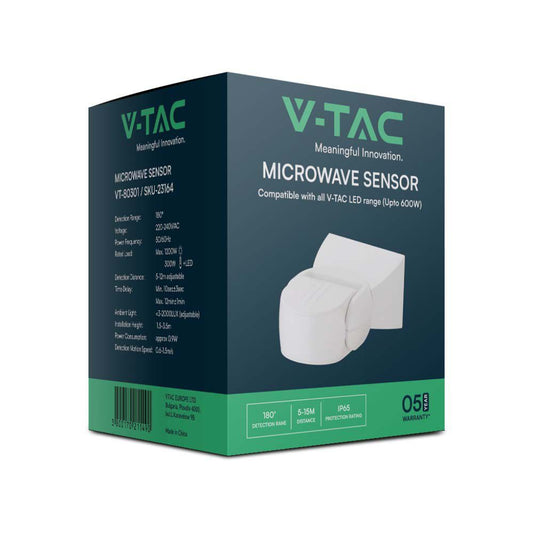 Sensore di Movimento a Microonde 180° a Parete IP65 - V-Tac VT-80301 (SKU 23164)