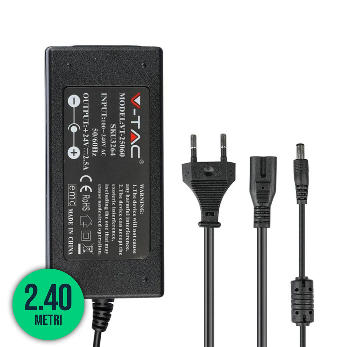 V-TAC VT-25060 Alimentatore in Plastica 60W 24V 25A Plug&Play con Jack 2,1 Colore Nero IP44 - SKU 3264