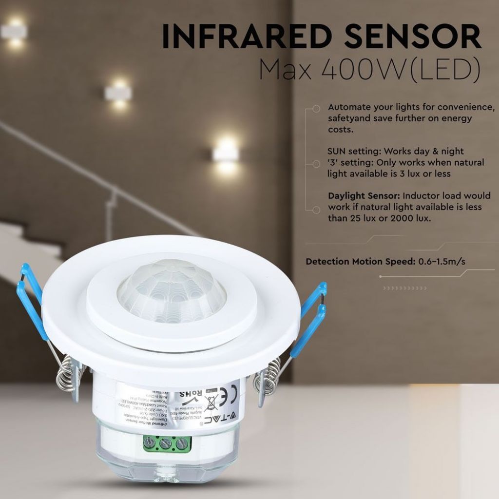 Sensore di Movimento PIR V-TAC 5091 Incasso | 360° Orientabile Max 400W | IP20