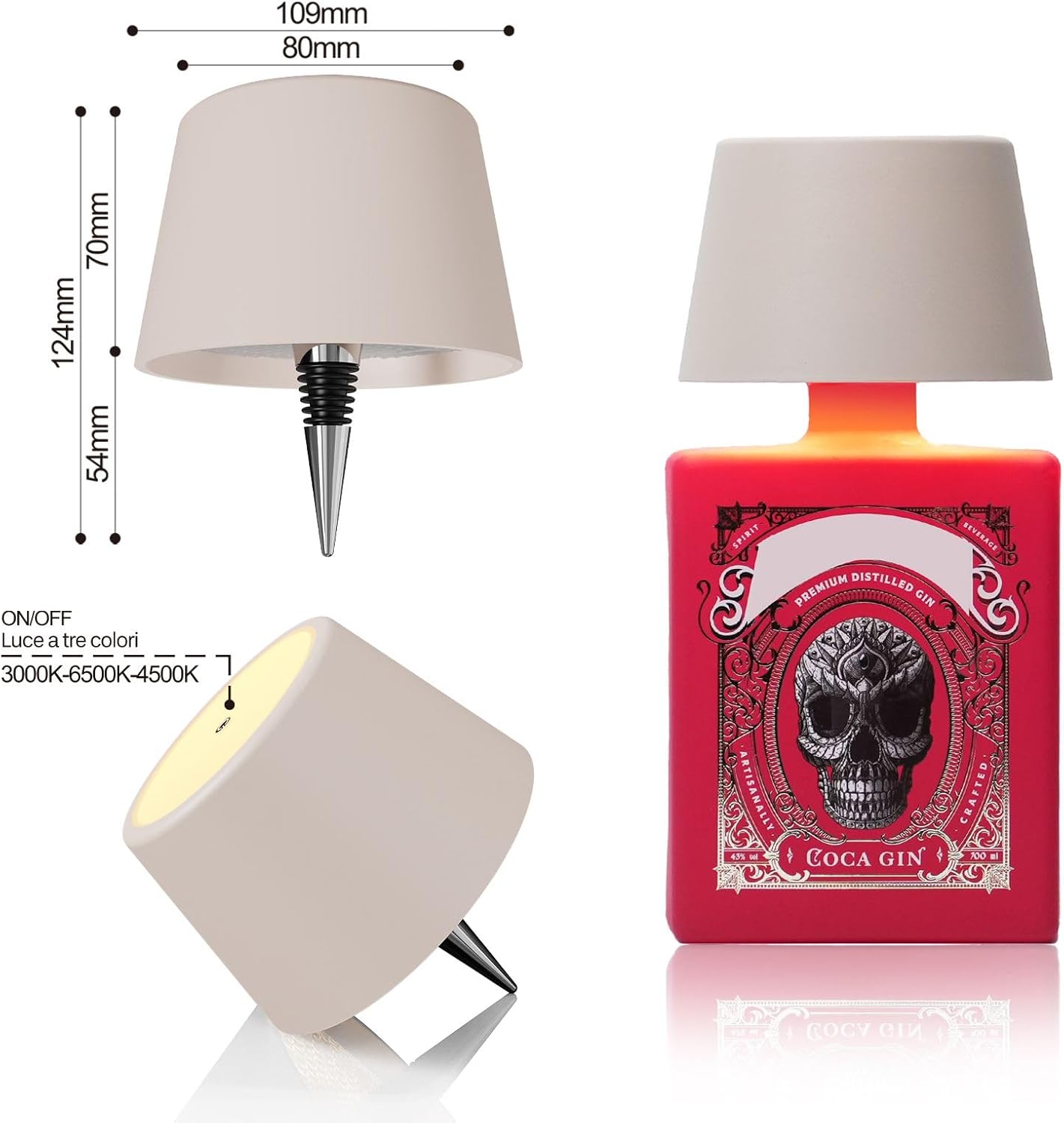 lampada bottiglia ricaricabile,lampada da tavolo senza fili,Controllo Touch da 3 Modalita Temperatura di Colore, per Soggiorno, Camere da Letto,1PZ