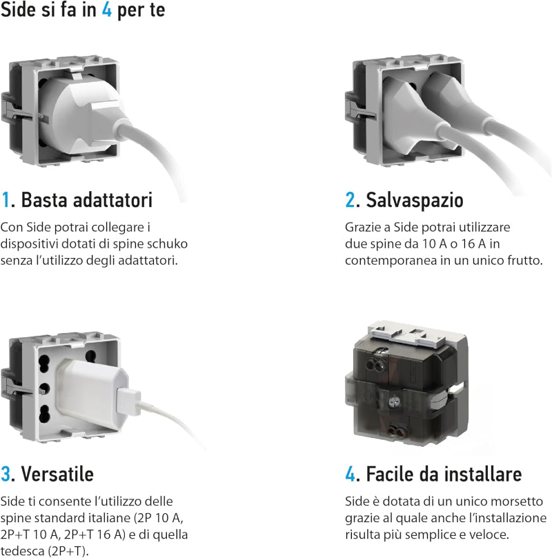 4box - Presa da Incasso Side Compatibile con Gewiss® System™. 3 Prese in 1: permette di collegare una spina schuko o due spine 10/16A. Occupa due soli slot. Facile da installare. Colore Bianco