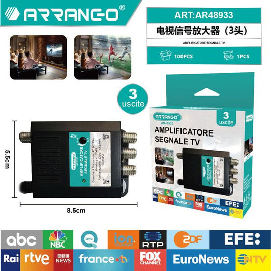 Amplificatore di Segnale TV da Interno a Spina - 3 Uscite - Guadagno Regolabile 8-23dB