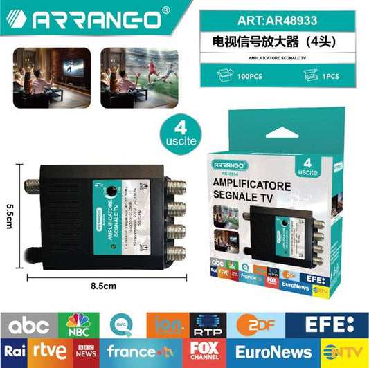 Amplificatore di Segnale TV da Interno a Spina - 4 Uscite - Guadagno Regolabile 8-23dB