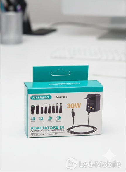 Alimentatore Universale 30W con Selettore 3V-12V, 8 Adattatori e Porta USB Integrata