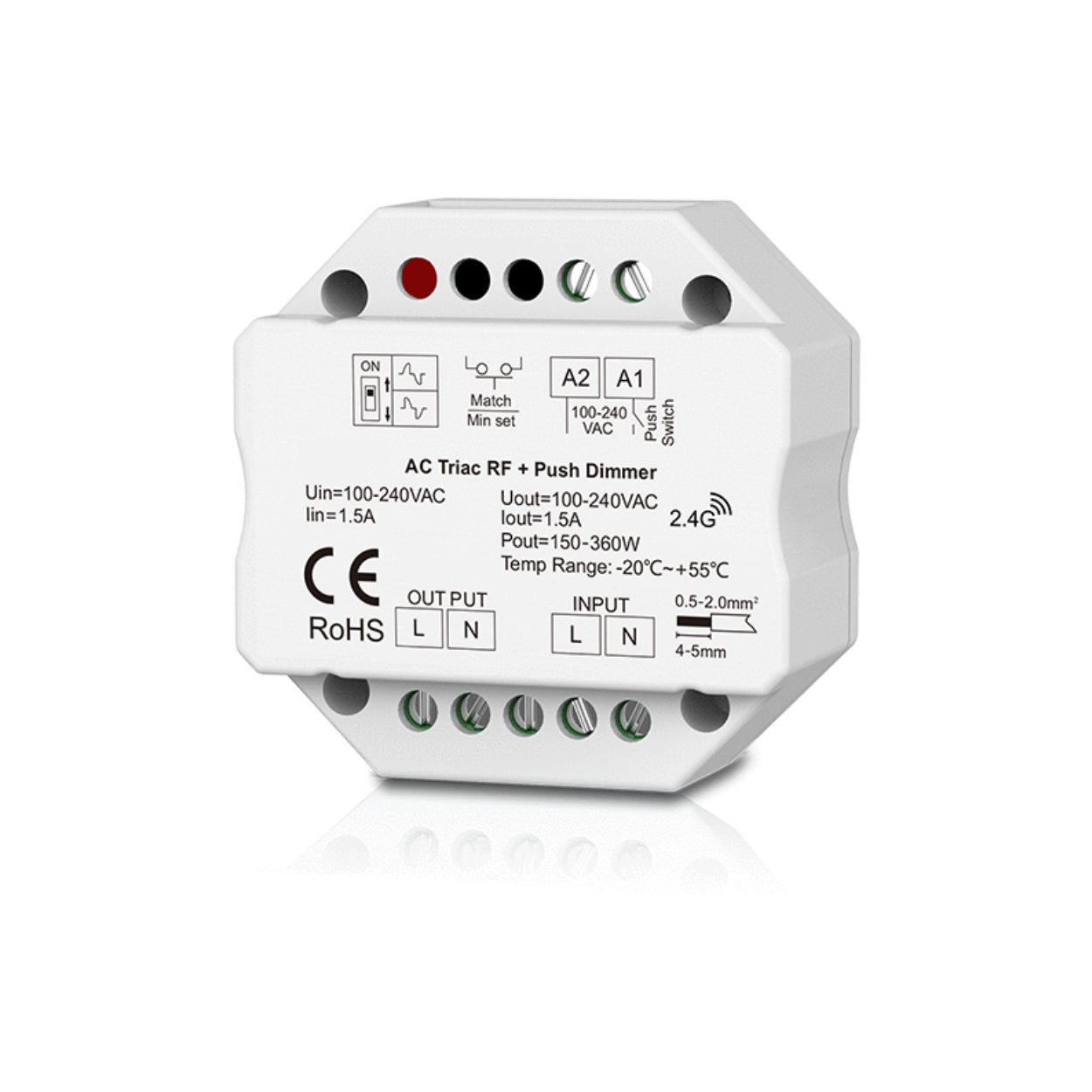 Dimmer LED 1 Canale RF 2.4G + Push 230V – Taglio di Fase Leading/Trailing SDS1-B