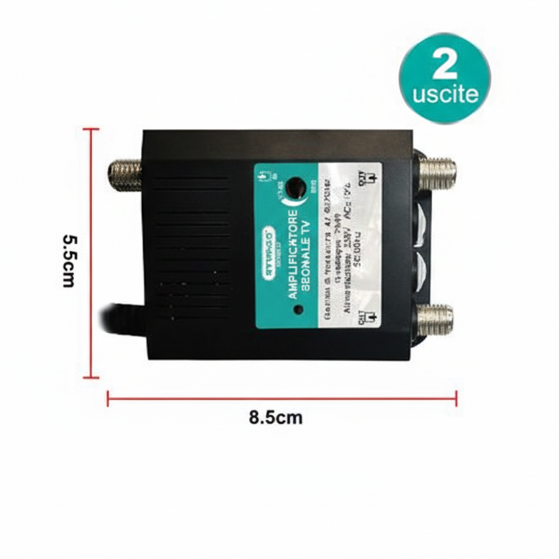 Amplificatore di Segnale TV da Interno a Spina - 2 Uscite - Guadagno Regolabile 8-23dB