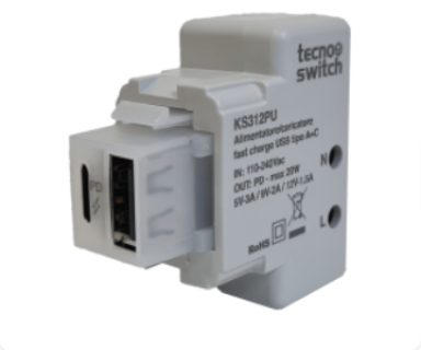 caricatore USB doppio ingresso Tipo A e Tipo C ricarica rapida PD nero compatibile VIMAR IDEA NERA |TECNOSWITCH|KS312PD