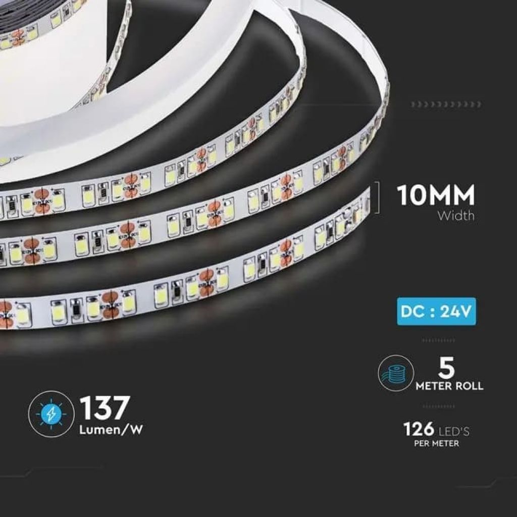 MT 5 SKU 212593 VT-2835 126 V-TAC Strip LED SMD2835 8W/m 120 LED/m 137LM/W 24V 3000K IP20 10mm