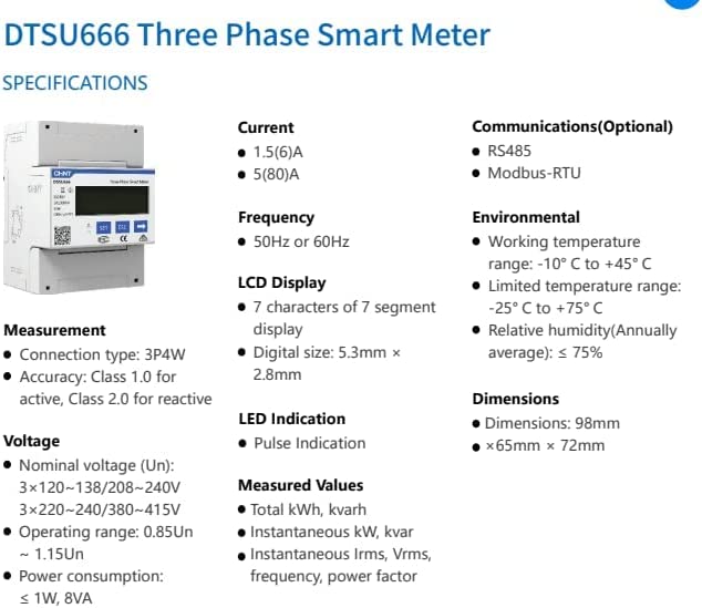 DTSU666 Trifase Contatore Energia Elettrica per Sistemi Solari PV, 3x220-380V 3x240-415V 0.25-5(80) A 50/60hz