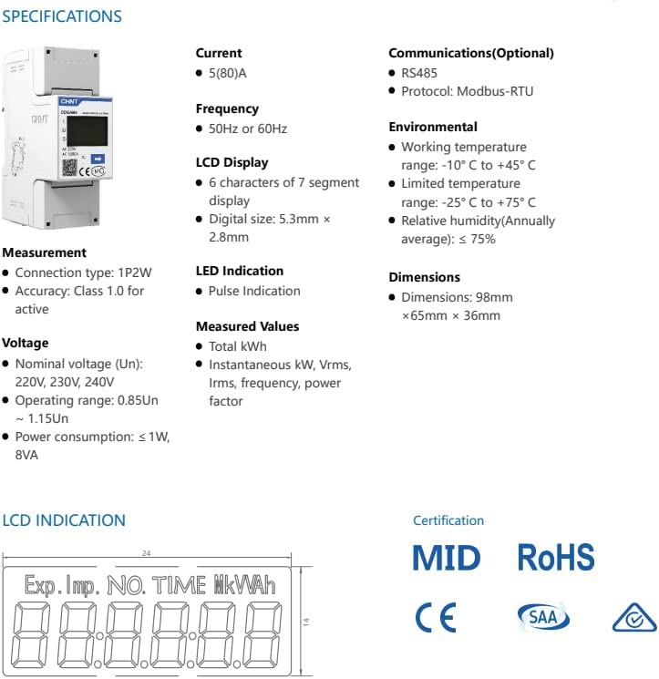 CHINT DDSU666 Contatore Energia Elettrica Monofase per Sistemi Solari PV