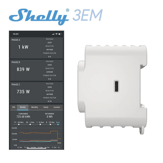 Serie Moduli Controllo Energetico - Shelly 3EM -Contatore energia LAN/Wi-Fi/BT+ 3 pinze amper.