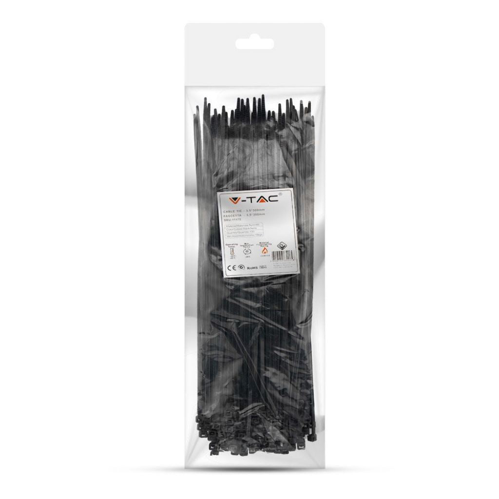 Fascette per Cavi in Nylon 3,5 x 300 mm Nere (Conf. 100 pz) - V-TAC