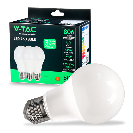 V-TAC Lampadina LED E27 8,5W A60 - Luce Calda 3000K (Box 3 pezzi)