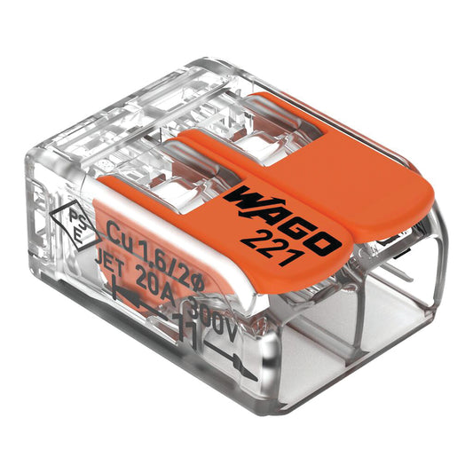 Morsetto WAGO 221-412 a 2 Ingressi - Connettore Compatto a Leva per Cavi 0.2-4 mm² - Trasparente e Professionale