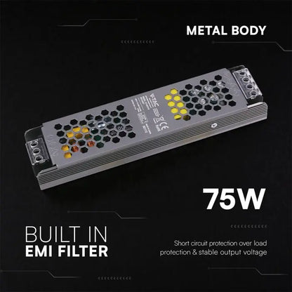 Alimentatore LED V-TAC Slim in Metallo 75W 24V 3.1A – Ultra Piatto IP20
