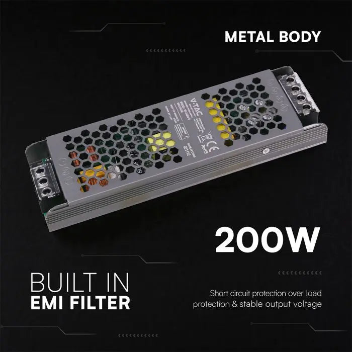 Alimentatore LED V-TAC Slim in Metallo 200W 24V 8.25A – Ultra Piatto IP20