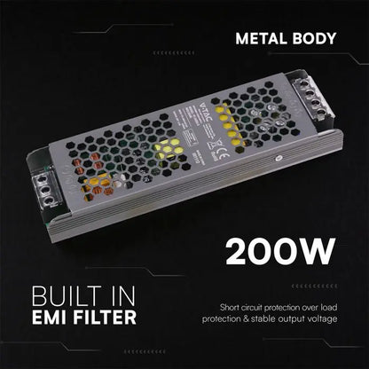 Alimentatore LED V-TAC Slim in Metallo 200W 24V 8.25A – Ultra Piatto IP20