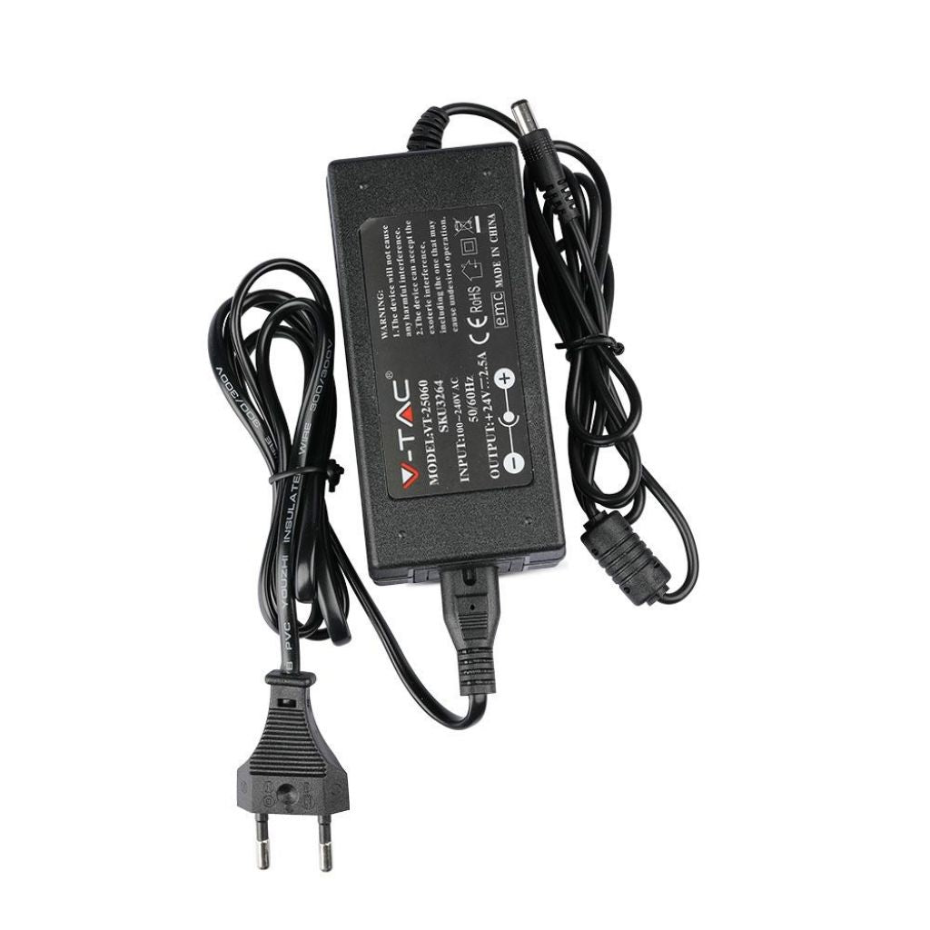 V-TAC VT-25060 Alimentatore in Plastica 60W 24V 25A Plug&Play con Jack 2,1 Colore Nero IP44 - SKU 3264