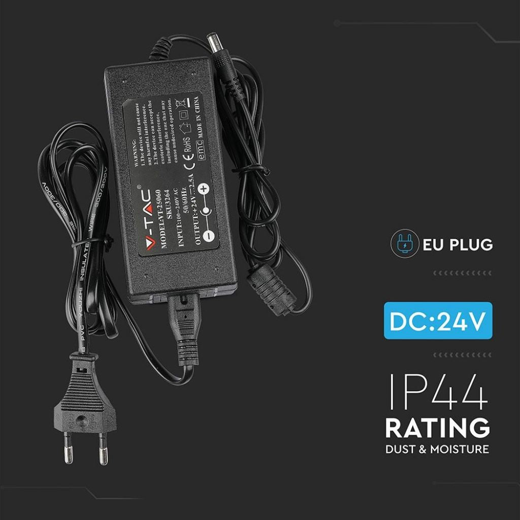 V-TAC VT-25060 Alimentatore in Plastica 60W 24V 25A Plug&Play con Jack 2,1 Colore Nero IP44 - SKU 3264