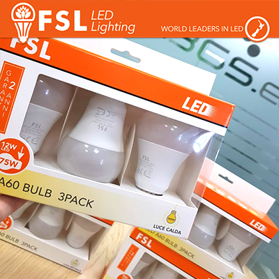 Kit 3 Lampadine LED FSL E27 12W Goccia A60 - Luce Calda 3000K