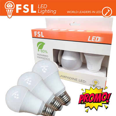 Kit 3 Lampadine LED FSL E27 12W Goccia A60 - Luce Calda 3000K