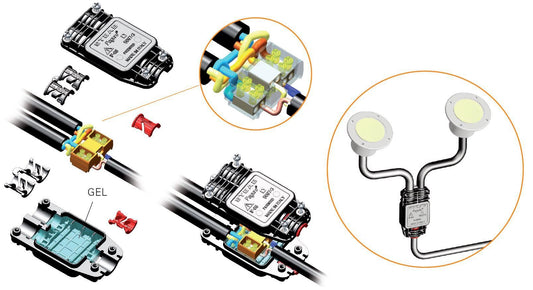 Scatola giunzione IP68 a 3 vie con gel ed ancoraggio cavo 3x2,5mmq, , connettori inclusi | serie PAGURO STEAB| 5697/3 |Made in Italy