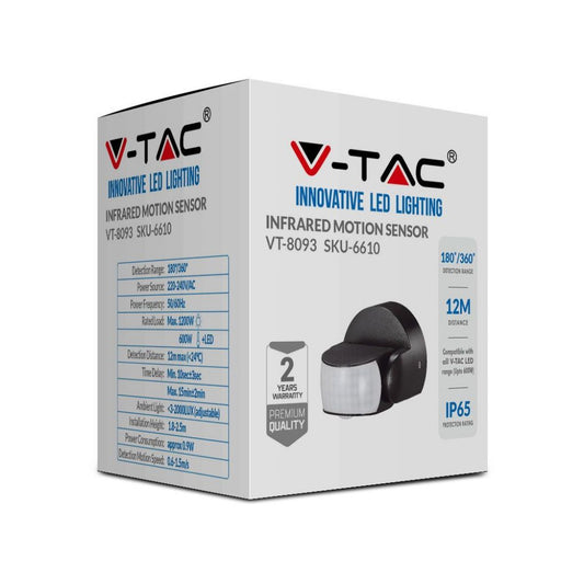 Sensore di Movimento a Infrarossi PIR 180°/360° a Parete/Soffitto IP65 Nero - V-Tac VT-8006 (SKU 6610)