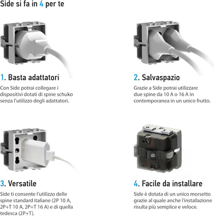 4box - Presa da Incasso Side Compatibile con Gewiss® System™. 3 Prese in 1: permette di collegare una spina schuko o due spine 10/16A. Occupa due soli slot. Facile da installare. Colore Bianco