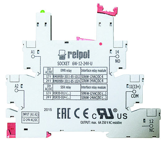 Relpol | Zoccolo DIN per Relè miniatura slim, 6A 12-24V un polo , Terminali a vite 88,6x6,2x76,6mm | 6w-12-24-u |