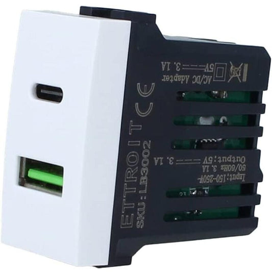 caricatore  USB doppio ingresso Tipo A e Tipo C da 3,1Ah bianco compatibile bticino light