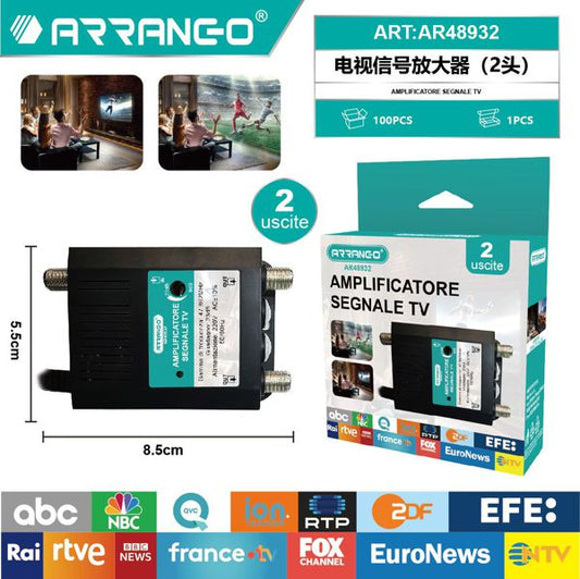 Amplificatore di Segnale TV da Interno a Spina - 2 Uscite - Guadagno Regolabile 8-23dB