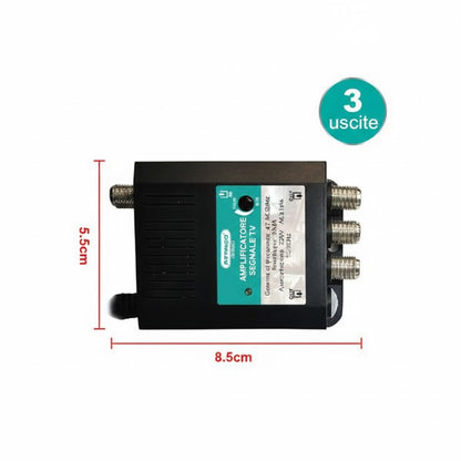 Amplificatore di Segnale TV da Interno a Spina - 3 Uscite - Guadagno Regolabile 8-23dB