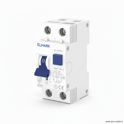 Interruttore Magnetotermico Differenziale ELMARK 1P+N 32A 6kA 30mA Classe A - 2 Moduli 40265A