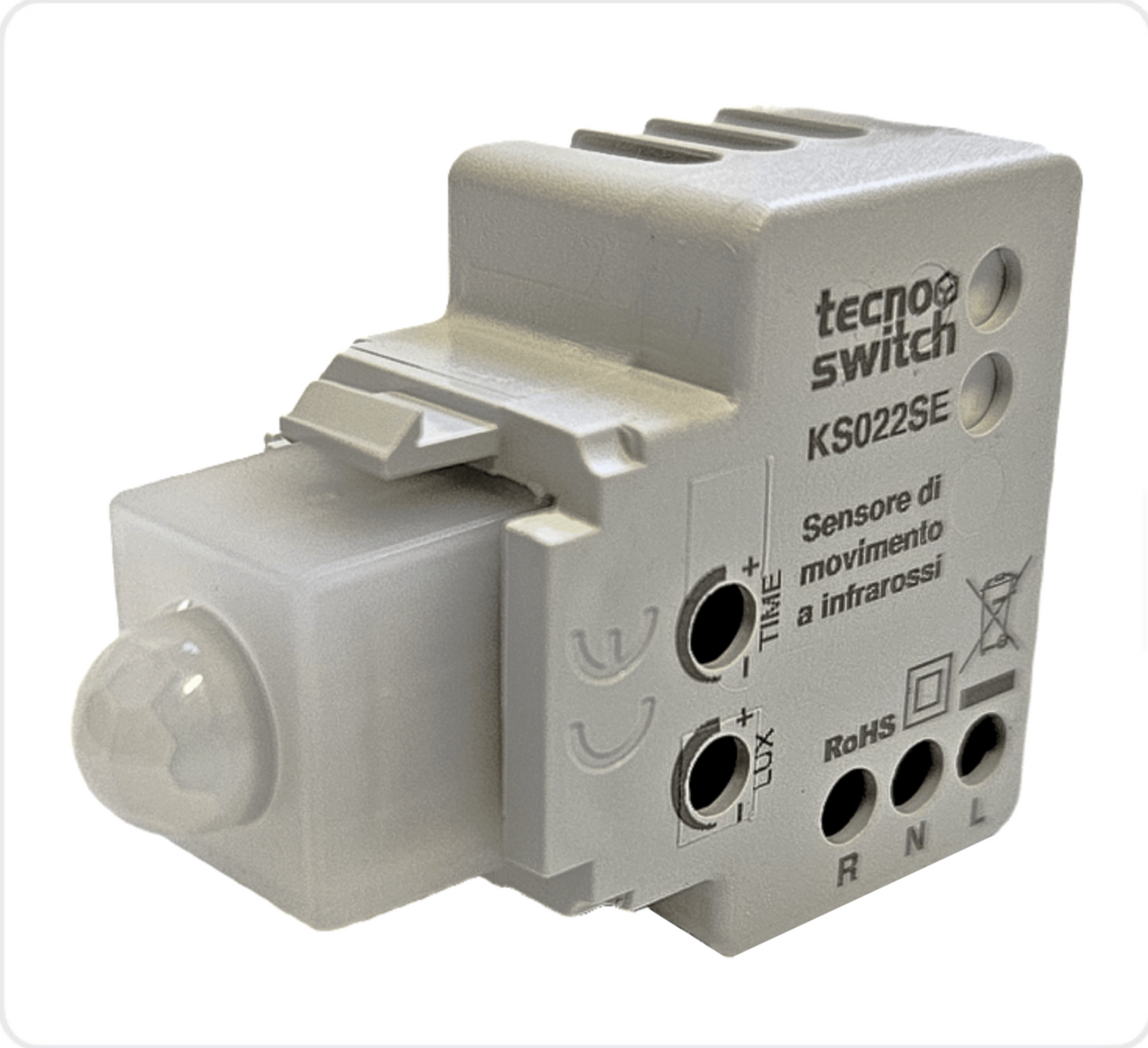 Sensore di movimento a infrarossi Tecnoswitch KS022SE per illuminazione automatica in locali commerciali.