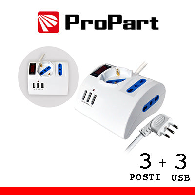 Multipresa da Tavolo 3 Prese (Bipasso/Schuko) + 3 Porte USB - Interruttore Luminoso - Cavo 1.5m