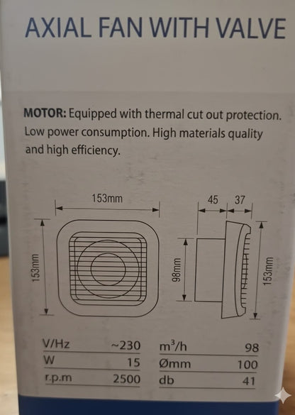 Aspiratore / Ventilatore Estrattore Domestico per Bagno Ø100 con Valvola Antiritorno - Basso Consumo 15W