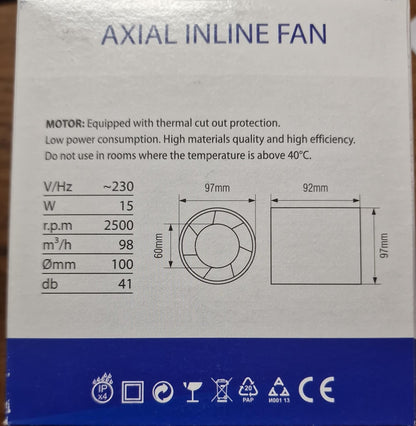 Ventilatore Estrattore Tubolare in Linea AC-Ø100mm per Condotti - Alta Portata - Basso Consumo