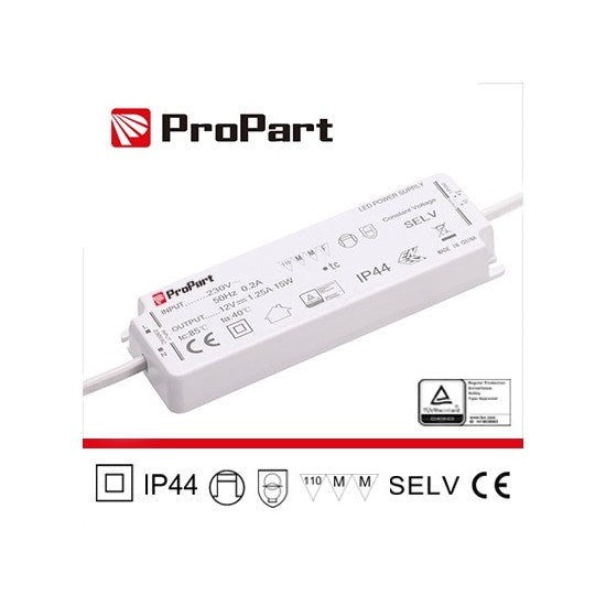 Alimentatore slim per striscie a led  IP44 24V 15WATT 0.62A precablato PEF44-15W24V