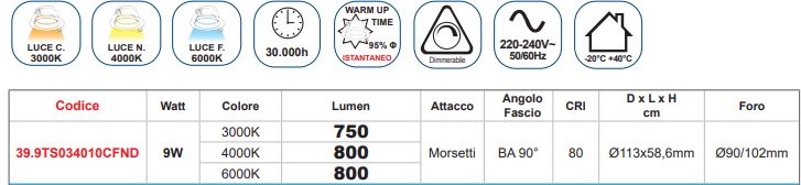 faretto incasso dimmerabile tri-color 9 watt foro diametro 90/102mm life