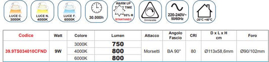 faretto incasso dimmerabile tri-color 9 watt foro diametro 90/102mm life