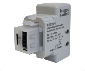 caricatore USB doppio ingresso Tipo A e Tipo C ricarica rapida PD  nero compatibile VIMAR IDEA NERA |TECNOSWITCH|KS312PD