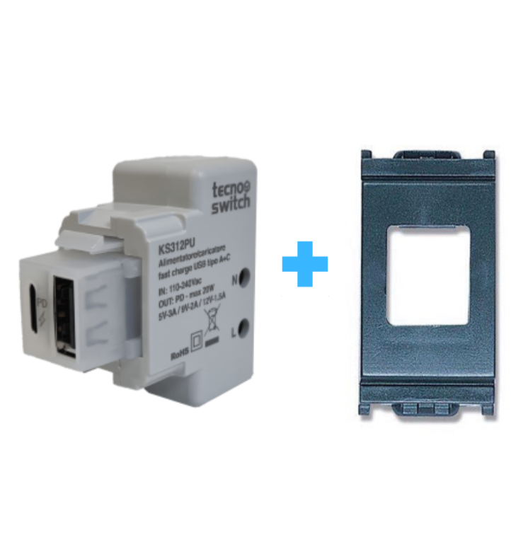 caricatore USB doppio ingresso Tipo A e Tipo C ricarica rapida PD  nero compatibile VIMAR IDEA NERA |TECNOSWITCH|KS312PD