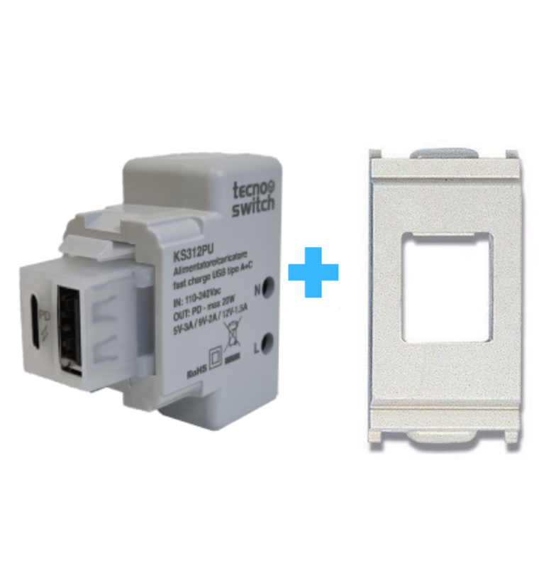 caricatore USB doppio ingresso Tipo A e Tipo C ricarica rapida PD  compatibile VIMAR IDEA BIANCA |TECNOSWITCH|KS312PD