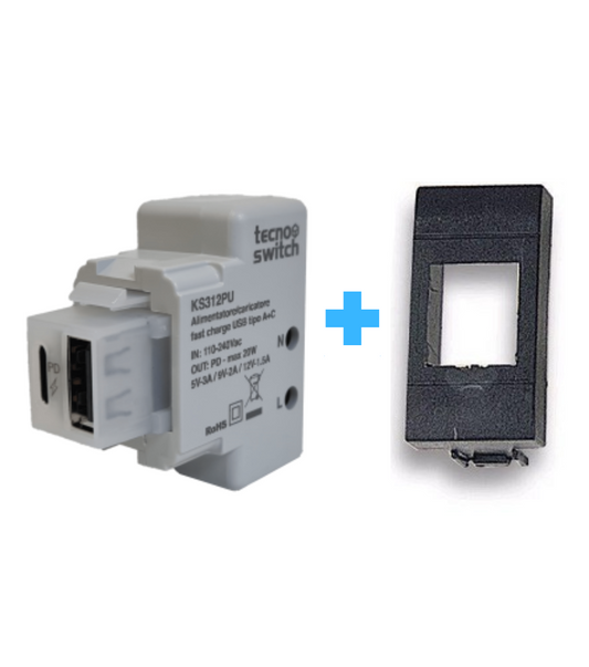 caricatore USB doppio ingresso Tipo A e Tipo C ricarica rapida PD  compatibile BTICINO INTERNATIONAL NERA |TECNOSWITCH|KS312PD